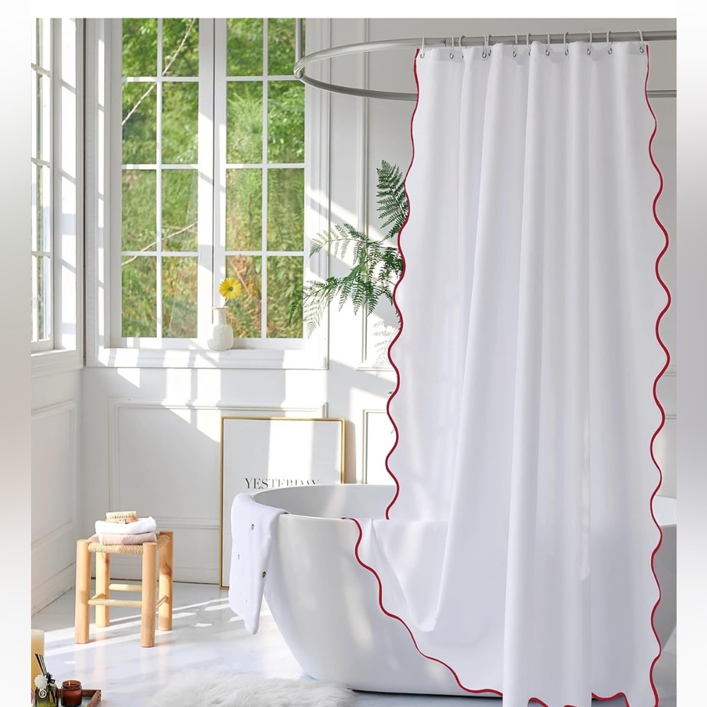 Shower Curtain with Red Scalloped Trim - Picture 7 of 11